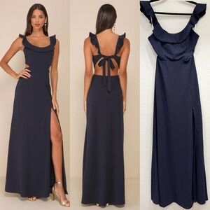 NWOT Lulus Captivating‎ Charisma Navy Ruffled Cutout Tie-Back Maxi Dress